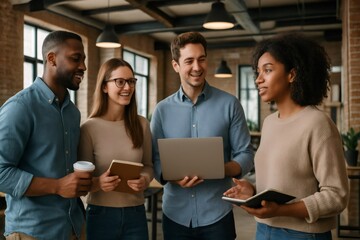 Startup team collaborating on a new project, sharing innovative ideas and utilizing a laptop in a modern loft style office space