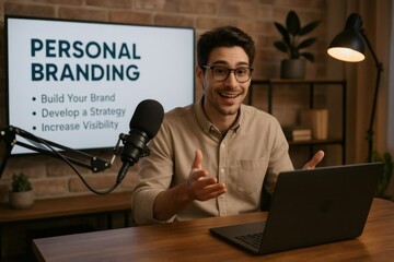 Young man recording a video about personal branding using a professional microphone and laptop in his home studio