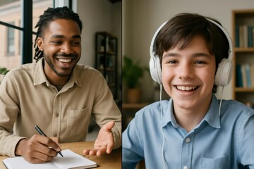 Teacher is mentoring a student during online class using headphones and taking notes, both are smiling and happy