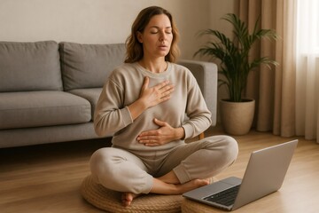 Woman sitting cross legged on a cushion, practicing breathwork in a cozy living room with a laptop, promoting mindfulness and relaxation