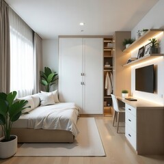 Luxurious hotel bedroom interior in a modern minimalist style, highlighting a four-poster bed with sheer white curtains, a light wood floor, a woven rug, a small seating area with a white sofa, and a 