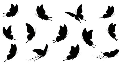Black butterfly silhouettes gracefully dance against a pristine white background