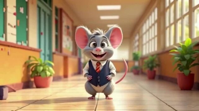 A cheerful cartoon mouse character stands in a school hallway, wearing a vest and tie, providing a delightful and whimsical scene ideal for children's content or educational animations.