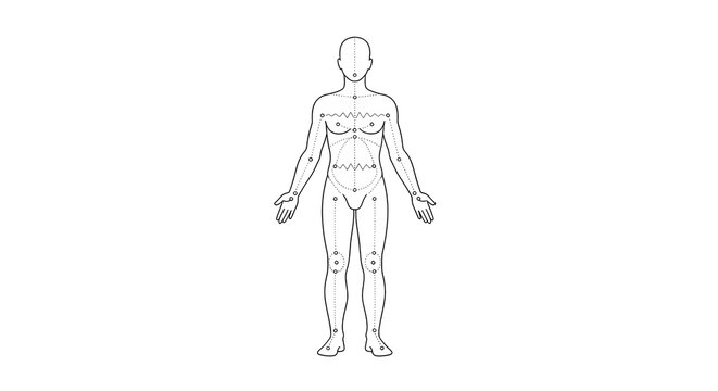 Female anatomy figure showing cutaneous sensory dermatomes for neurological diagnosis, useful for medical illustration and teaching of human body skin areas.