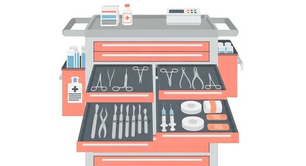 Medical trolley showcasing surgical instruments and supplies designed for hospital use with a modern aesthetic, featuring sterile equipment and medications.