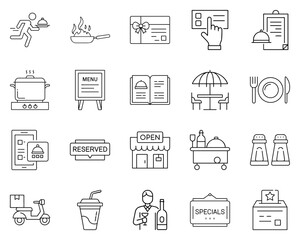 Restaurant services vector icon set featuring dining and delivery symbols