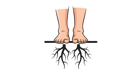 Grounded feet with roots extending downward symbolize stability, connection, and origins against a clear backdrop, indicating growth or grounding.