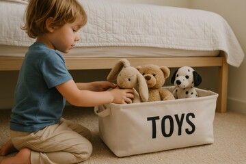 Young child putting plush toys into a fabric storage container in a bedroom, promoting organization and tidiness