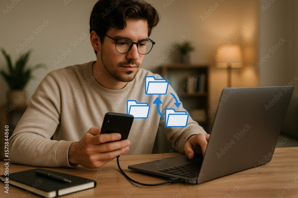 Poster focused worker transferring data between devices, ensuring seamless workflow and efficient file mana