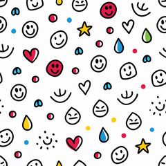 Whimsical Pattern of Hand-Drawn Faces and Shapes