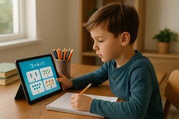 Elementary school student using digital tablet for online math lesson and writing on notebook at home
