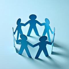 paper people holding hands, blue cutout paper people holding hands in a joyful, united circle