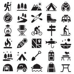 Fototapeta premium Collection of black silhouette icons representing various outdoor activities and camping gear including hiking camping fishing and travel essentials for a nature adventure