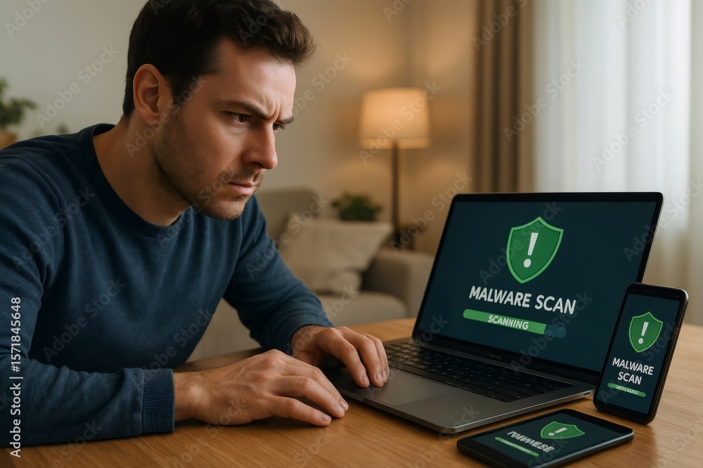 Poster worried man running a malware scan on multiple devices at home, ensuring security and protection aga