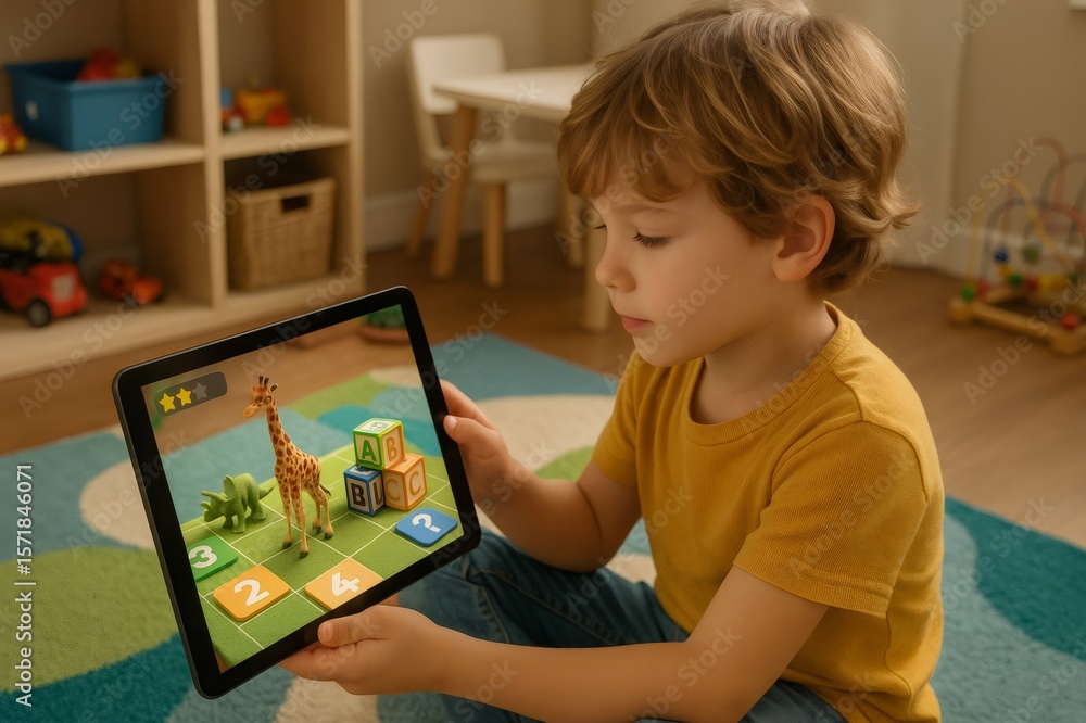 Poster cute child using tablet, playing educational game with letters and animals using augmented reality i
