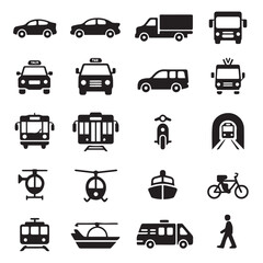 Collection of black transportation icons including cars trucks buses taxis trams helicopters a boat a bicycle a motorcycle and a pedestrian in a clean modern style on a white background