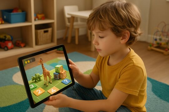 Cute child using tablet, playing educational game with letters and animals using augmented reality in his playroom