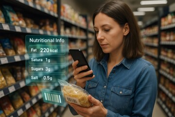 Naklejka na ściany i meble Customer using smartphone to scan barcode of food product and access nutritional information, calories, fat, sugar and salt content, promoting healthy eating habits