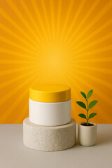 Bright skincare product jar with vibrant yellow lid placed on stone pedestal