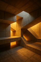 Abstract geometric concrete interior with warm glowing light and sharp angles