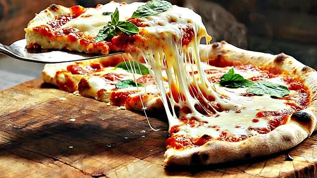 Irresistible Cheese Pull from Hot Margherita Pizza Slice
A steaming hot Margherita pizza on a rustic wooden board, with a hand lifting a slice and strings of melted cheese stretching deliciously.