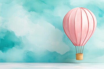 Obraz premium Watercolor painting of light pink hot air balloon flying across blue sky with clouds, copy space 
