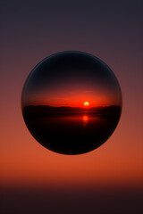 Futuristic reflective orb capturing surreal sunset over calm landscape