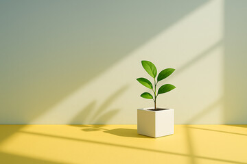 Minimalist indoor plant with sunlight and shadows