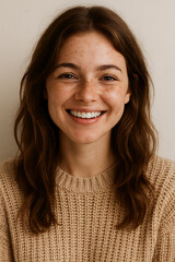 Natural portrait of smiling freckled woman in cozy knitted sweater