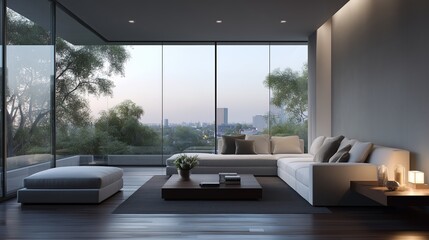 Modern living room with a view overlooking the city at dusk in a contemporary urban setting