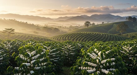 Springtime coffee plantation in bloom in Costa Rica with misty mountains and soft morning light – peaceful scenery, agricultural theme