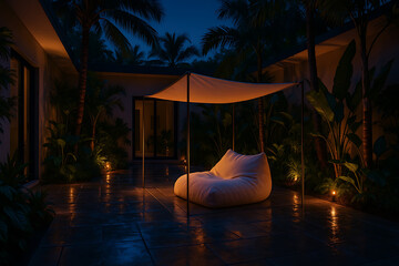 Tropical outdoor lounge with soft lighting at night