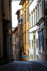 Streets of Bergamo’s Città Alta in Italy with terracotta rooftops, historic churches, and mountain backdrop on a clear day
