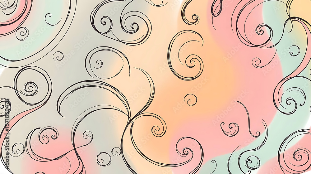 Poster a pastel abstract background with swirling patterns and sketched line art details