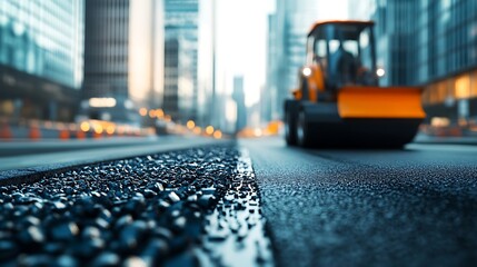 Urban Road Paving Scene With Asphalt Machine and Skyscrapers in Background Featuring Defocused Left Branding Space Background