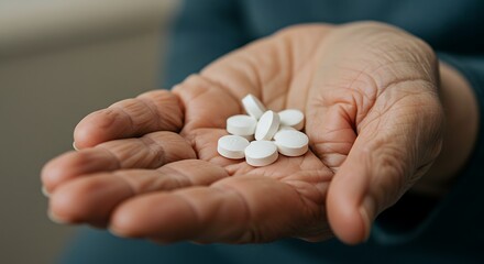 Elderly man's hand holding several white pills, close-up, focus on health, medication and aging.
