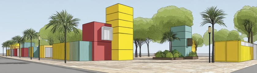 Brightly colored sustainable urban park with diverse plantings and eco-friendly infrastructure - landscaping vertical native