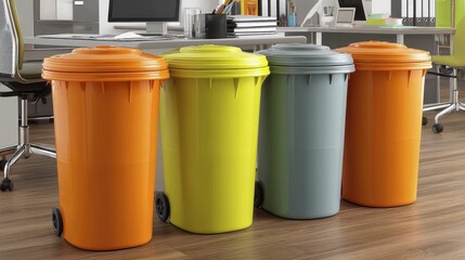 Brightly colored recycling containers on a city sidewalk, emphasizing efficient waste management - paper waste vibrant efficient