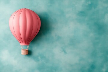 Obraz premium Watercolor painting of pink hot air balloon flying across blue sky dotted with fluffy clouds 