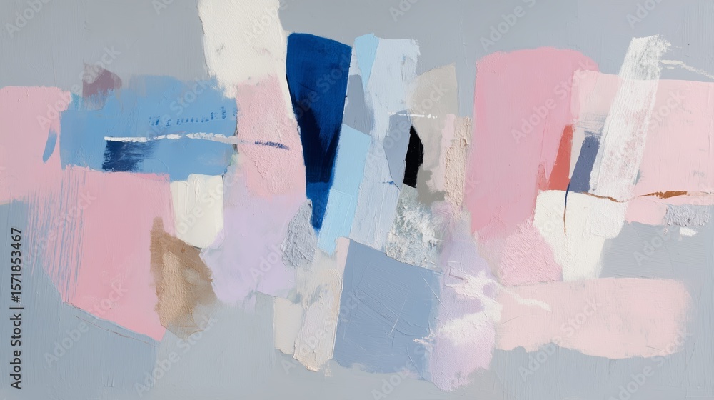 Poster abstract artwork featuring soft pastel colors and dynamic shapes on a light background in a contempo