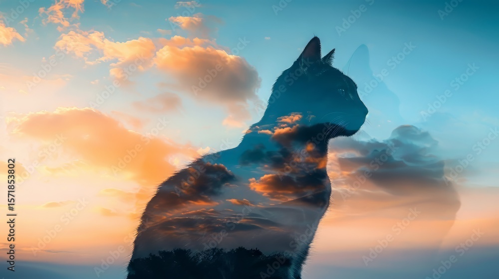 Poster the image is a double exposure composition of a cat silhouette filled with a serene clouds scene