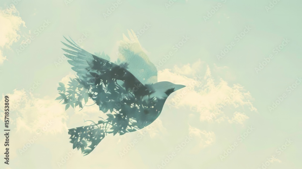 Poster the image is a double exposure composition of a bird silhouette filled with a serene clouds scene