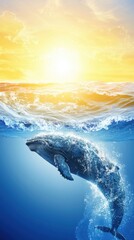 World Environment Day, Majestic Whale Emerging From Vibrant Ocean Waves Under Golden Sunrise