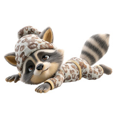 Cute cartoon raccoon wearing leopard print pajamas and matching hat lying down with paws outstretched