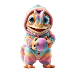 Cute cartoon chameleon character wearing a colorful rainbow striped onesie holding a textured ball