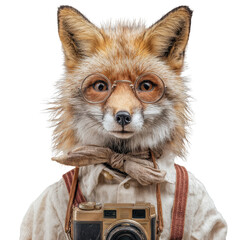 A fox wearing glasses a bowtie and suspenders holding a vintage camera