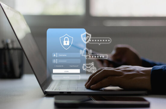 Secure multi-factor authentication login process for cybersecurity protection user privacy access on digital platform. Person login credential on laptop with password, username, cyber security symbol. - Powered by Adobe