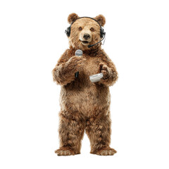Anthropomorphic brown bear wearing headphones holds microphone and audio recorder