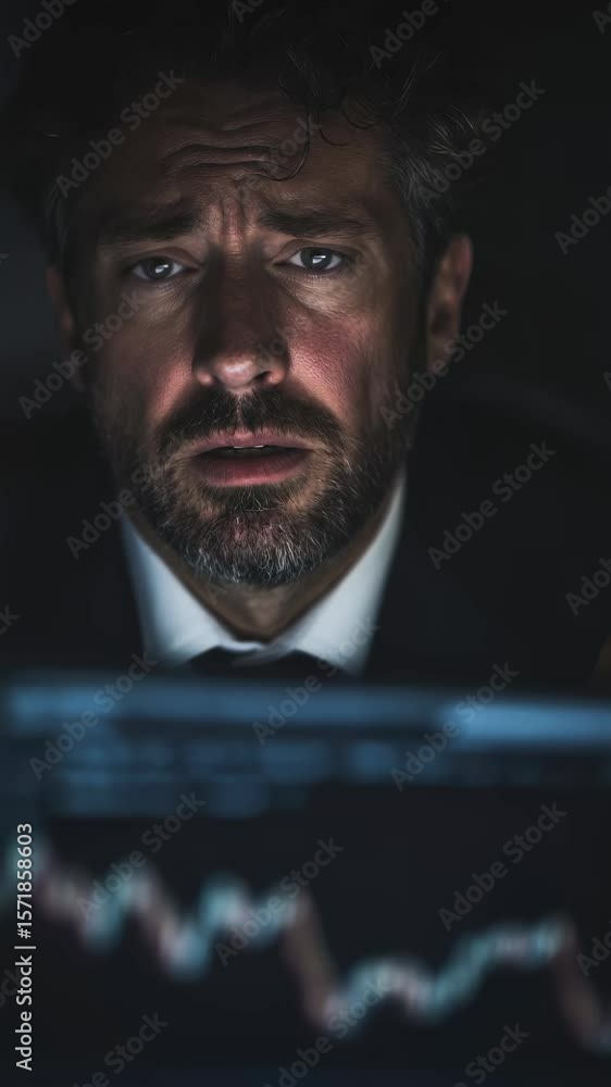 Aufkleber a stock market analyst visibly stressed and deep in thought peers at a falling stock index graph on 