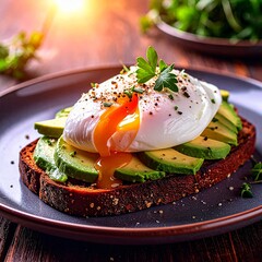 Poached egg atop crispy rye toast with bright avocado chunks, all bathed in warm morning sunlight that highlights the creamy textures and fresh, vibrant colors of the wholesome breakfast.